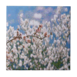 Blooming Almond Tree Pointillism Artwork Tile