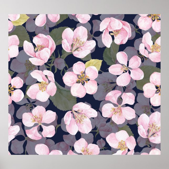 Blooming Apple: Dark Blue Watercolor Poster (Front)