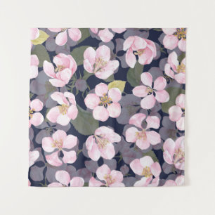 Blooming Apple: Dark Blue Watercolor Tapestry