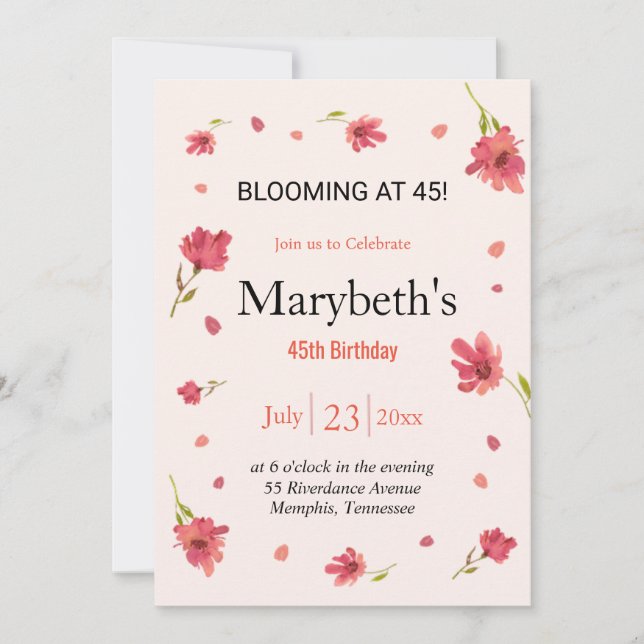Blooming at 45 - Floral Birthday Invitation (Front)
