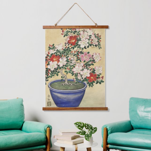 Blooming Azalea in Blue Pot Janpanese Flower Art Hanging Tapestry (Living Room)