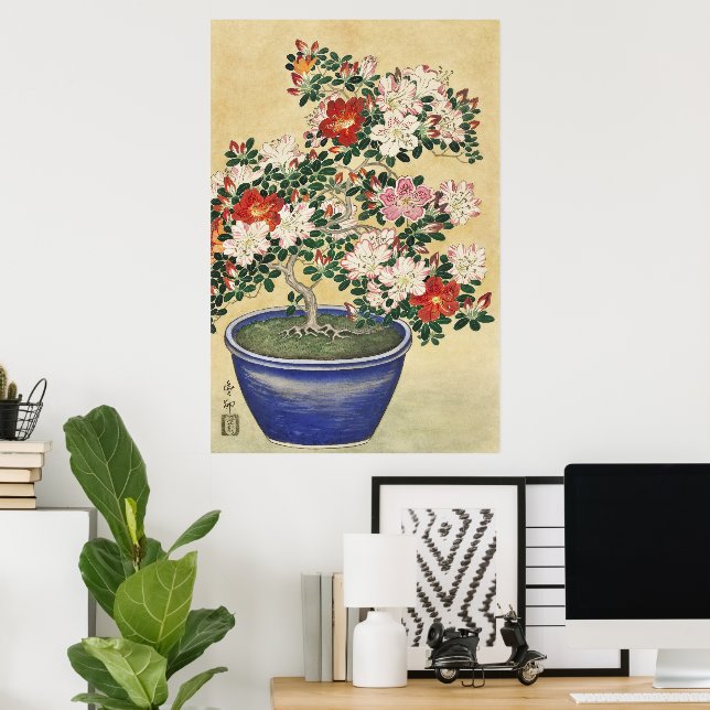 Blooming Azalea in Blue Pot Janpanese Flower Art Poster (Home Office)