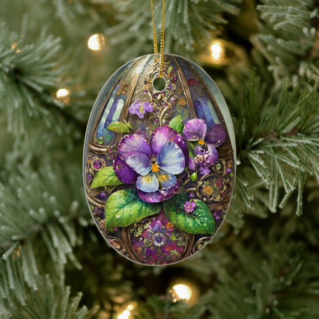 Blooming Birds Foot Violets Wildflowers Easter Egg Ceramic Tree Decoration (Tree)