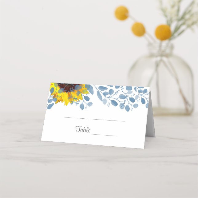 Blooming Blue Botanical Sunflower Place Cards (Front)