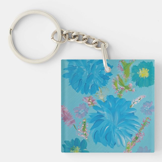 Blooming Bluebells Floral Acrylic Square Keychain (Front)