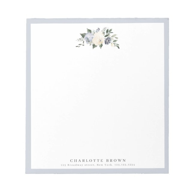Blooming botanical blue personalized stationery notepad (Front)