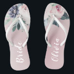 Blooming botanical blush floral Personalised bride Jandals<br><div class="desc">Watercolor botanical floral and greenery in blush pink and navy,   elegant and romantic,   great personalised gifts for bride</div>