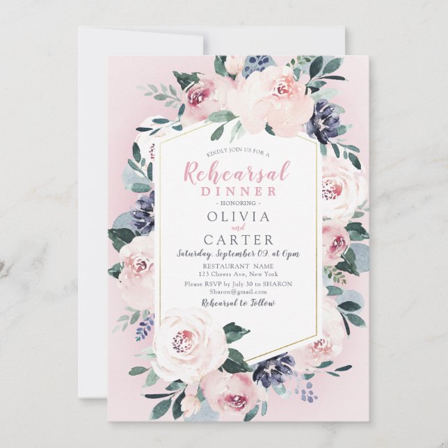 Blooming botanical blush floral rehearsal dinner invitation (Front)