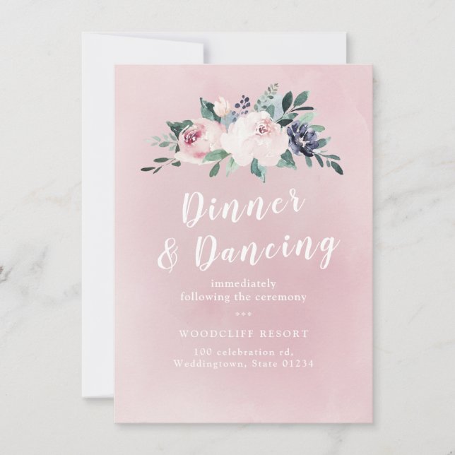 Blooming botanical blush floral wedding reception invitation (Front)