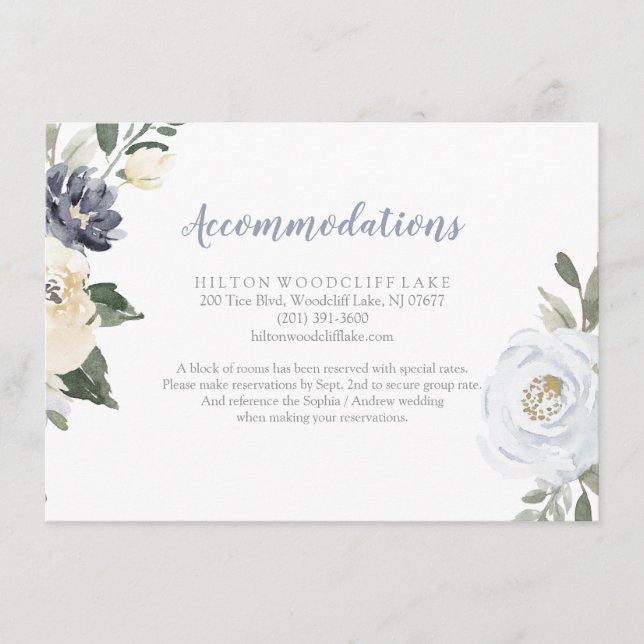 Blooming botanical dusty blue floral accommodation enclosure card (Front)