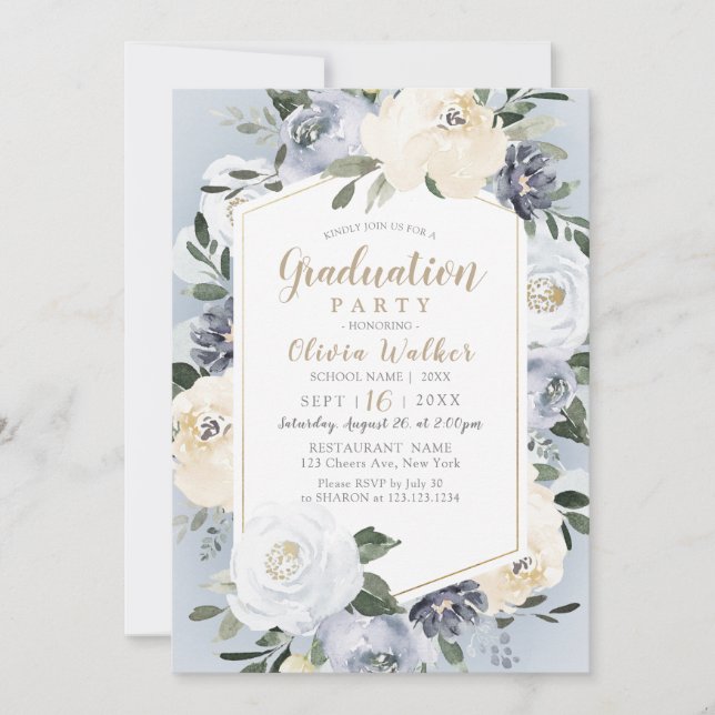 Blooming botanical dusty blue floral graduation invitation (Front)
