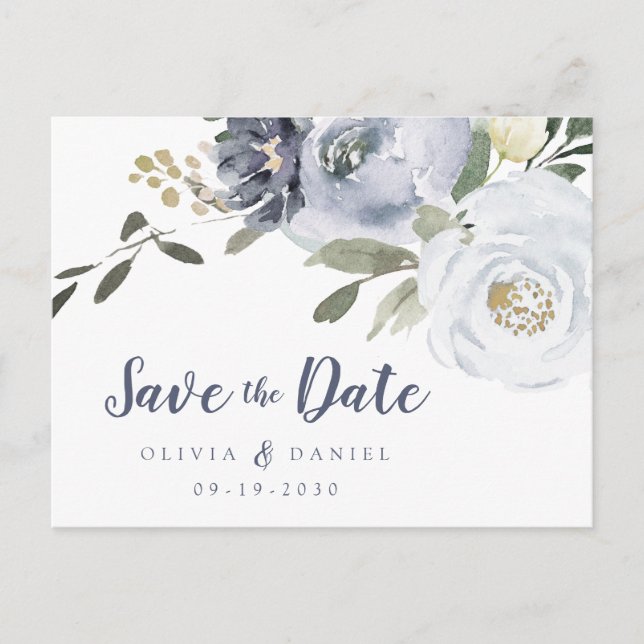 Blooming botanical dusty blue floral save the date announcement postcard (Front)