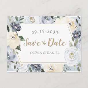 Blooming botanical dusty blue floral save the date announcement postcard