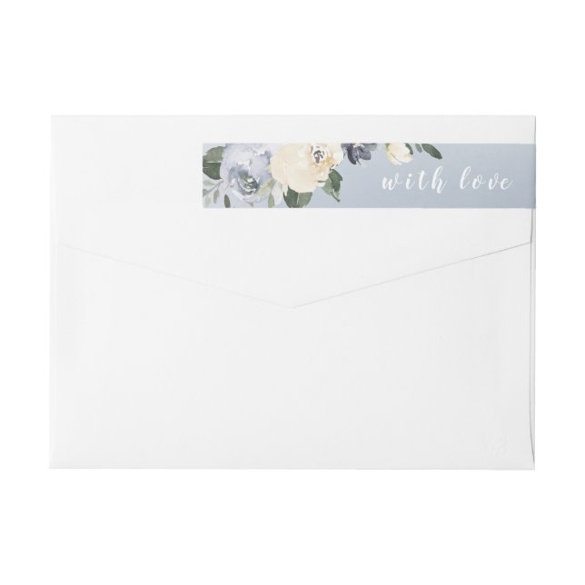 Blooming botanical dusty blue floral wedding wrap around label (Back)