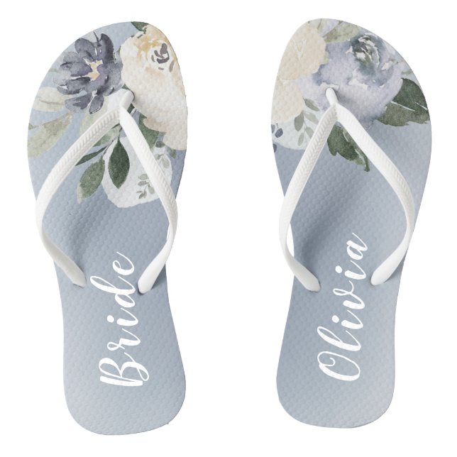Blooming botanical dusty blue personalised bride jandals (Footbed)