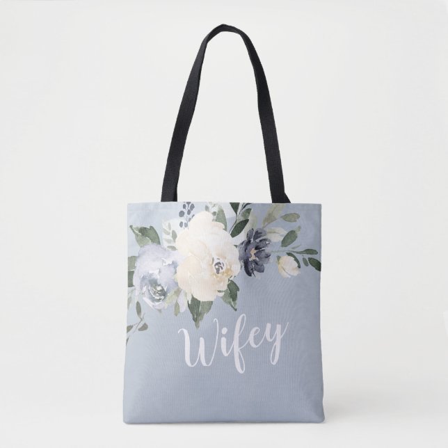 Blooming botanical dusty blue personalised wifey tote bag (Front)