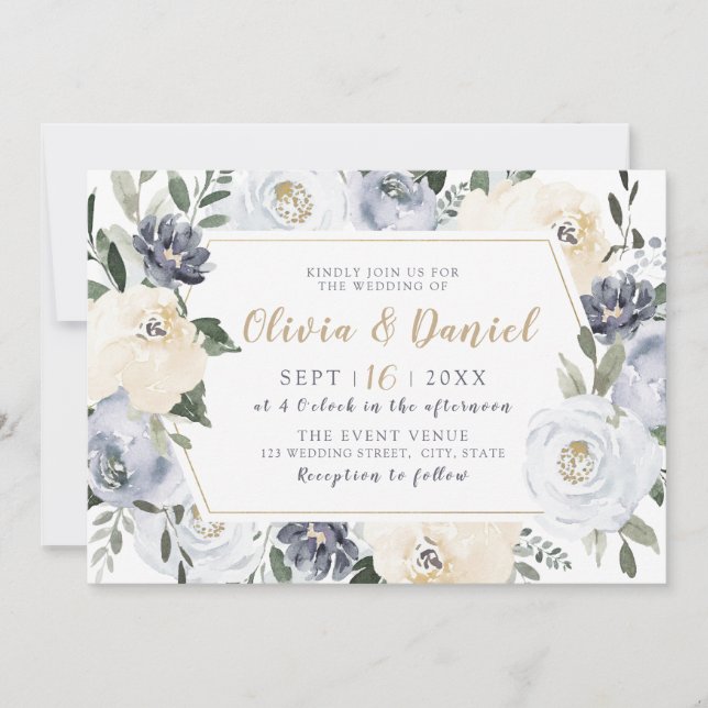 Blooming Botanical grey watercolor floral wedding Invitation (Front)