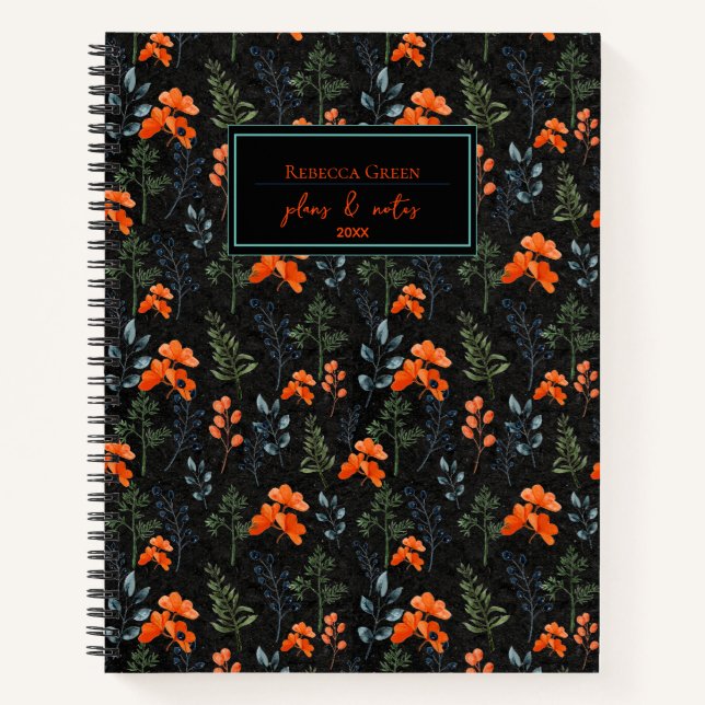 Blooming Botanical Orange Floral Green Branch Notebook (Front)