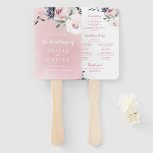 Blooming botanical pink floral wedding program hand fan