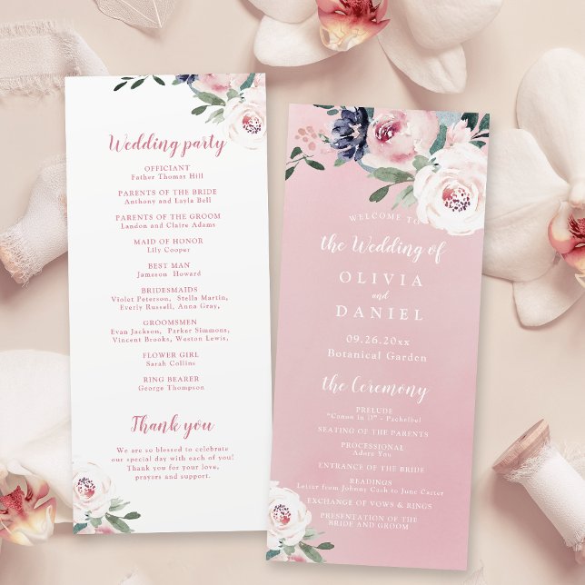 Blooming botanical pink floral wedding program menu (Blooming botanical pink floral wedding program)
