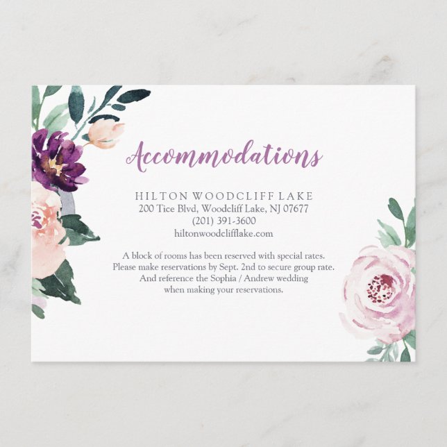 Blooming botanical purple floral accommodation enclosure card (Front)