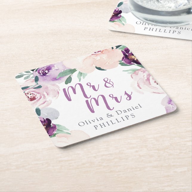 Blooming botanical purple floral Mr & Mrs Square Paper Coaster (Angled)