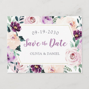 Blooming botanical purple floral save the date announcement postcard