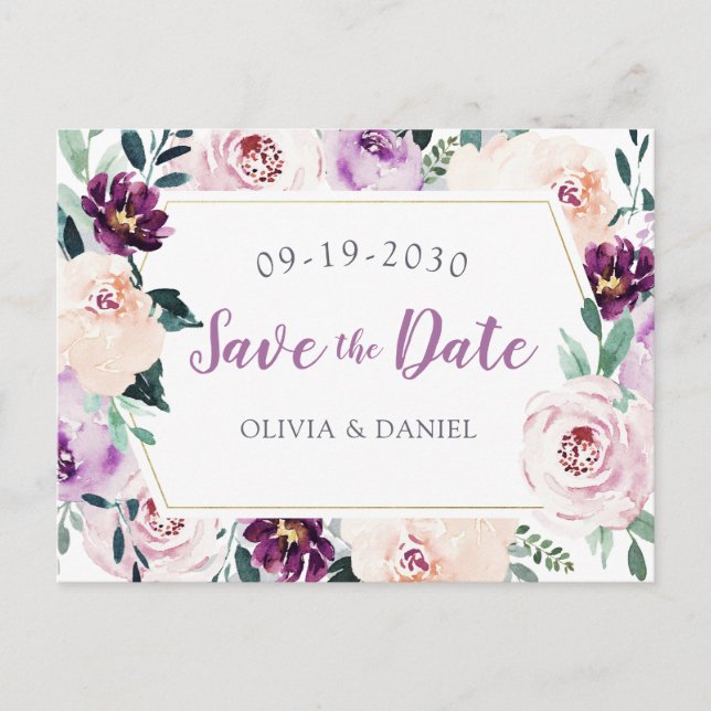 Blooming botanical purple floral save the date announcement postcard (Front)