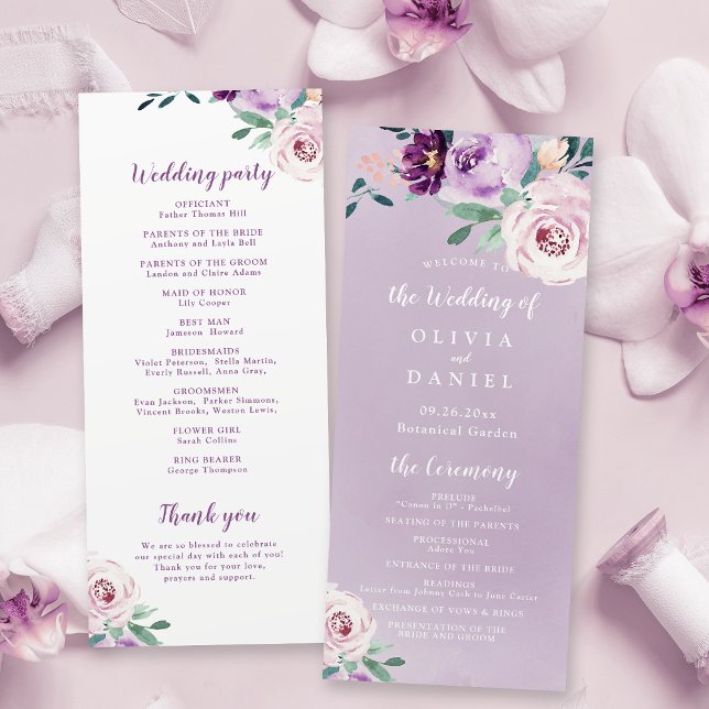 Blooming botanical purple floral wedding program menu (Blooming botanical purple floral wedding program)