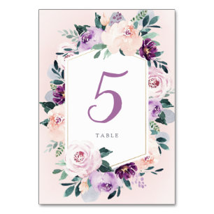 Blooming botanical purple floral Wedding Table Number