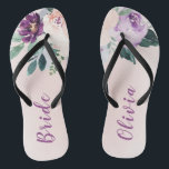 Blooming botanical purple personalised bride jandals<br><div class="desc">Watercolor botanical floral and greenery in blush,  peach and purple,  elegant and romantic,   great personalised gifts for bride</div>