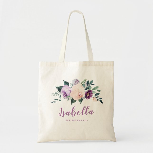 Blooming botanical purple personalised bridesmaid tote bag (Front)