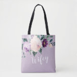 Blooming botanical purple personalised wifey tote<br><div class="desc">Watercolor botanical floral and greenery in blush,  peach and purple,  with wifey script and custom name on the back,  elegant and romantic,   great personalised gifts for new bride.</div>
