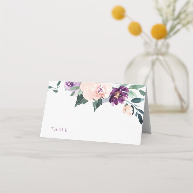 Blooming botanical purple wedding place cards (Front)