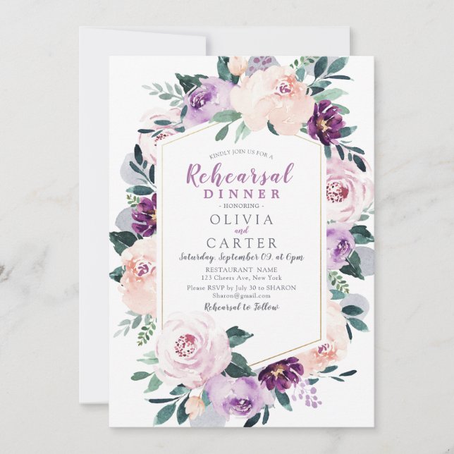 Blooming botanical purple wedding rehearsal dinner invitation (Front)