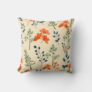 Blooming Botanicals Orange Floral Green Branch Cushion