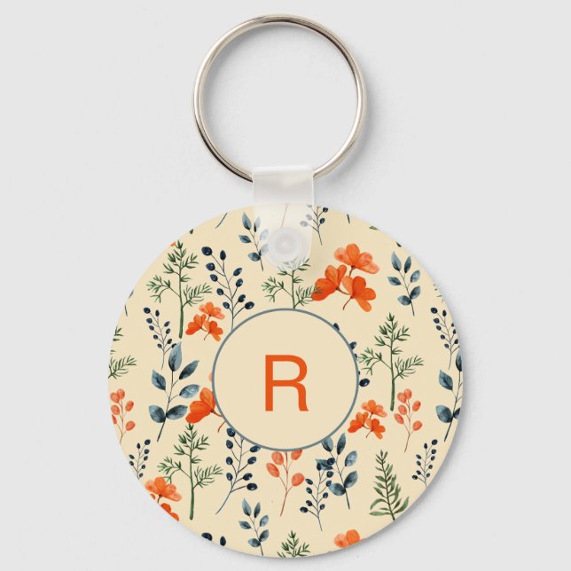 Blooming Botanicals Orange Floral Green Branch Key Ring (Front)