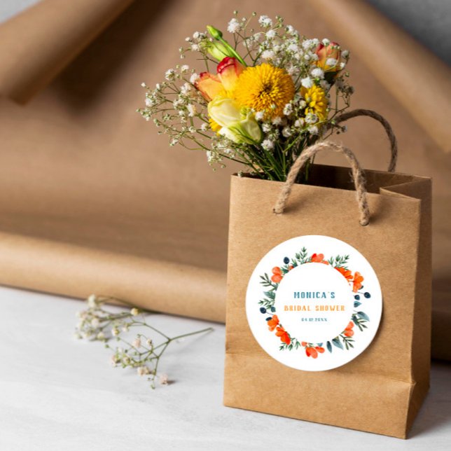 Blooming Botanicals Orange Green Bridal Shower Classic Round Sticker (Creator Uploaded)
