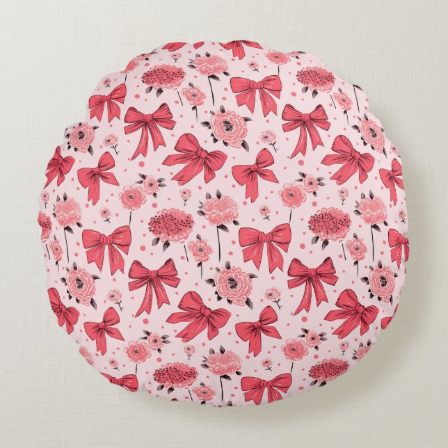 Blooming Bows - Floral and Ribbon Pattern Round Cushion (Front)