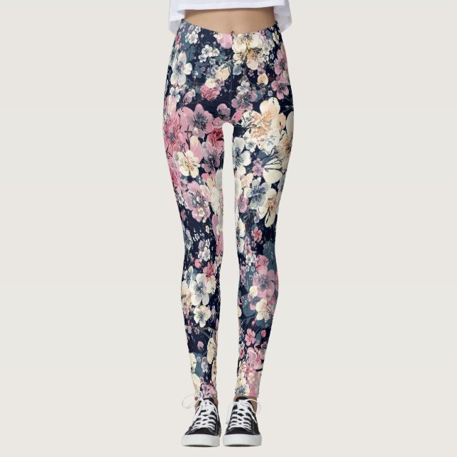 Blooming branches: watercolor seamless pattern leggings (Front)