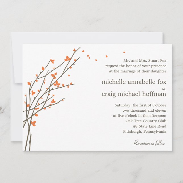 Blooming Branches Wedding Invitation - Orange (Front)