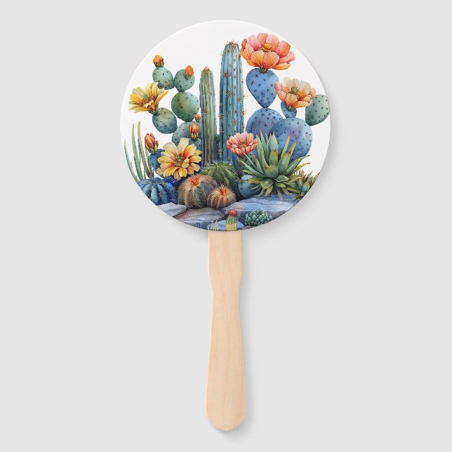 Blooming cacti and succulents hand fan (Front)