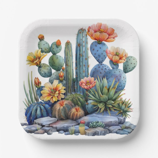 Blooming cacti and succulents paper plate (Front)