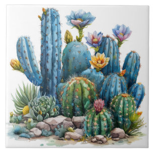 Blooming cacti and succulents tile