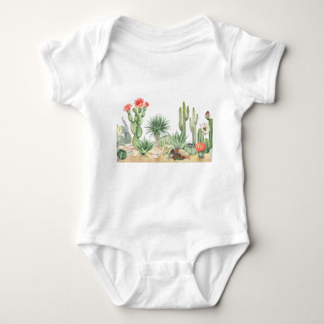 Blooming Cacti Watercolor Border Pattern Baby Bodysuit (Front)