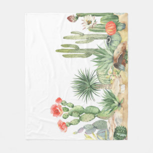Blooming Cacti Watercolor Border Pattern Fleece Blanket