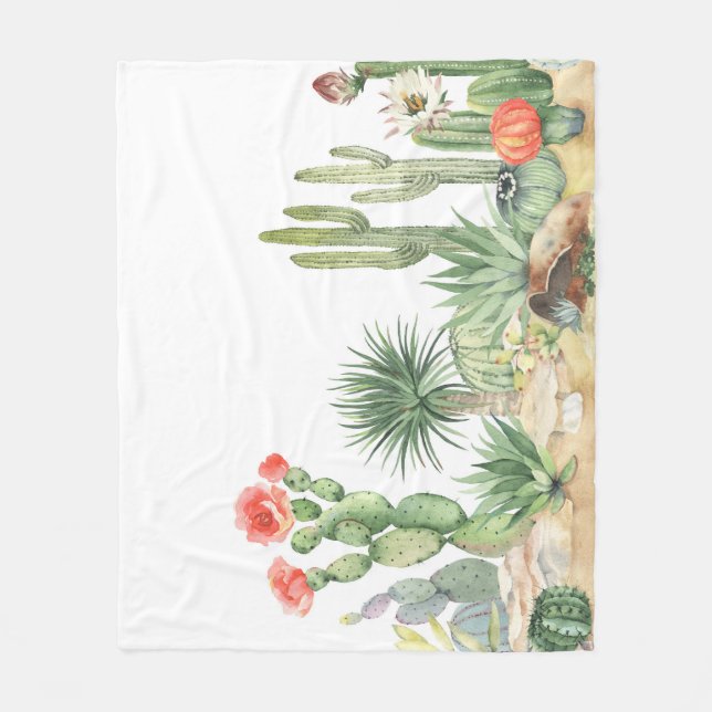 Blooming Cacti Watercolor Border Pattern Fleece Blanket (Front)