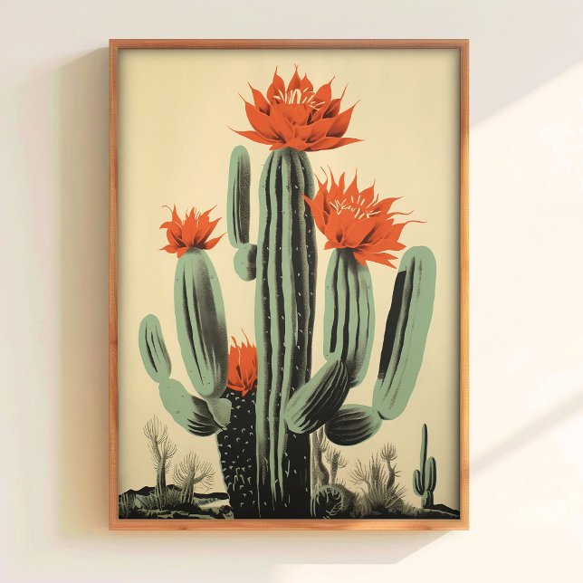 Blooming Cactus Print Retro Wall Art Red Flower Pr (Creator Uploaded)
