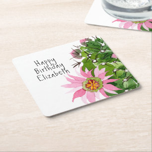 Blooming Cactus Watercolor Custom Party Square Paper Coaster