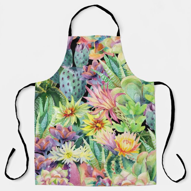 Blooming cactus, watercolor seamless pattern. apron (Front)